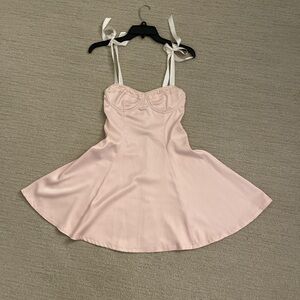 Sugar Thrillz Blush Satin Dress with Lace Trim